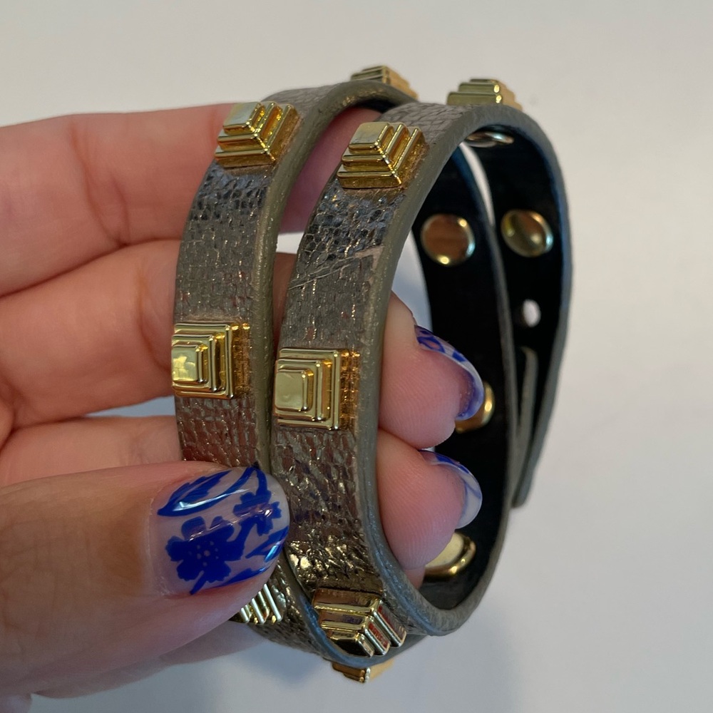 Tory Burch Pewter Leather Gold Tone Studded 15.5" Long Wrap Bracelet with Logo